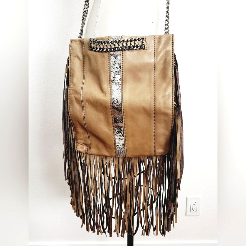 RAMY BROOK  Fringe Crossbows Leather bag with Snakeskin print Large  Like New